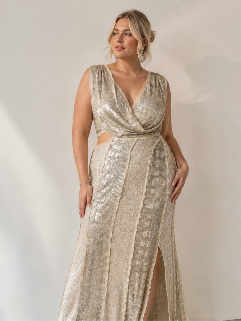 Embellished Metallic Ivory Gold Draped Maxi Dress